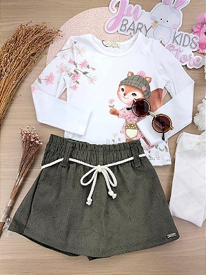 Conjunto de Blusa em Malha Comfy com Short Saia em Veludo Cotelê Infanti Infantil Menina