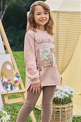 Conjunto de Blusão Alongado em Moletom com Pelúcia e Calça Legging em Canelado Comfy Kukiê Infantil Menina