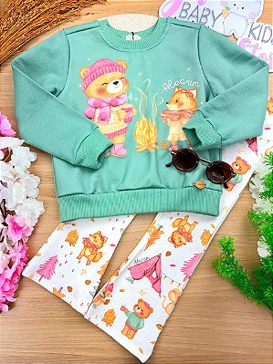 Conjunto de Blusão em Moletom com Pelúcia e Calça Boot Cut em Termoskin Peluciado Kukiê Infantil Menina