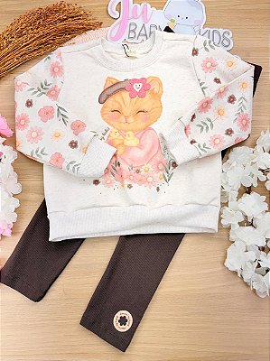Conjunto de Blusão em Moletom Linho sem Pelúcia e Calça Legging em Canelado Kukiê Infantil Menina