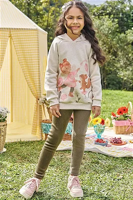 Conjunto de Blusão Alongado em Moletom Linho com Pelúcia e Calça Legging em Cotelê Suede Kukiê Infantil Menina