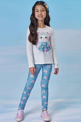 Conjunto de Blusa Alongada em Cotton e Calça Legging em Molecotton Kukiê Infantil Menina