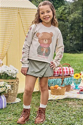 Conjunto de Blusão Boxy em Moletom Linho sem Pelúcia e Short Saia em Couro Eco Kukiê Infantil Menina