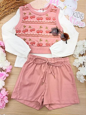 Trio de Blusa em Cotton, Shorts em Couro Eco e Colete em Molecotton Kukiê