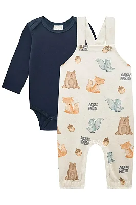 Conjunto de Body em Cotton e Jardineira em Moletom Linho sem Pelúcia LucBoo Bebê Menino