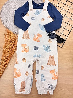 Conjunto de Body em Cotton e Jardineira em Moletom Linho sem Pelúcia LucBoo Bebê Menino