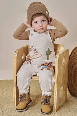 Conjunto de Body em Cotton e Jardineira em Moletom Linho sem Pelúcia LucBoo Bebê Menino