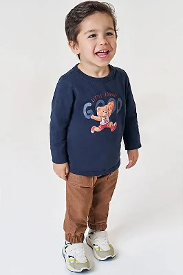 Conjunto de Camiseta em Meia Malha e Calça Jogger em Cotton Jeans com Elastano Johnny Fox Bebê Menino