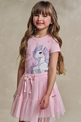 Blusa em Cotton Rosa Unicórnio Infanti Infantil Menina