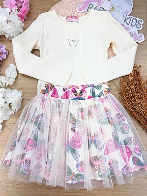 Conjunto Blusa Canelada e Saia Tule Borboleta Mon Sucré