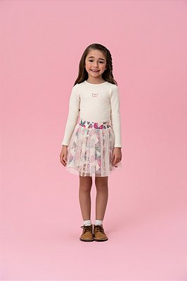 Conjunto Blusa Canelada e Saia Tule Borboleta Mon Sucré
