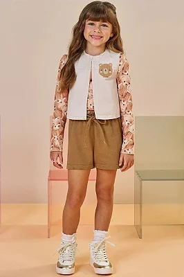 Trio de Blusa em Malha Power Colete em Sarja com Elastano e Shorts em Moletom sem Pelúcia Infanti Infantil Menina