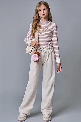 Conjunto de Blusa Boxy em Malha Waflle Listrada e Calça Wide Leg em Moletom sem Pelúcia Lilimoon Teen Menina