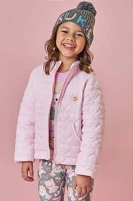 Jaqueta Puffer em Nylon Matelasse Coração Kukiê Infantil Menina