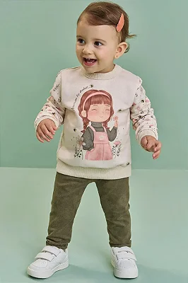 Conjunto de Blusão em Moletom com Pelúcia e Calça Legging em Cotelê Suede Kukiê Bebê Menina