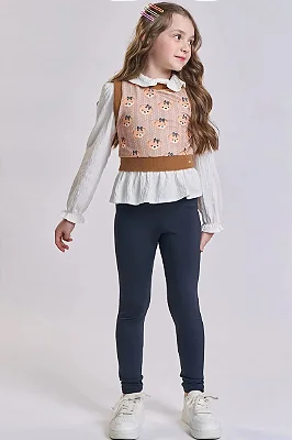 Trio de Bata em Malha Wave Calça Legging em Termoskin e Colete em Molecotton Kukiê Infantil Menina