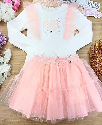 Conjunto Blusa Canelada e Saia com Shorts Embutido em Tule Poás Petit Cherie