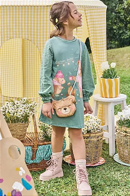 Vestido em Malha Textura (acompanha Bolsa) Kukiê Infantil Menina