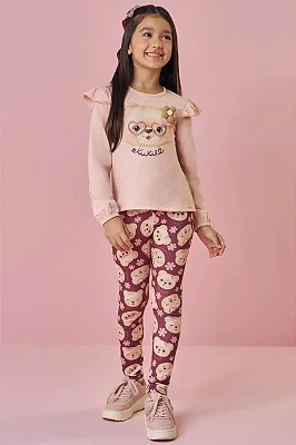 Conjunto de Blusa Alongada em Cotton e Calça Legging em Malha Power Kukiê Infantil Menina