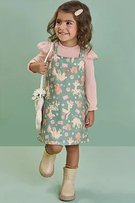 Conjunto de Blusa em Cotton e Salopete em Moletom com Pelúcia Kukiê Bebê Menina