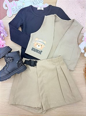 Trio de Blusa em Cotton e Colete e Short Saia em Sarja com Elastano Kukiê Infantil Menina