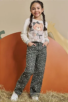 Conjunto de Blusa Boxy em Meia Malha e Calça Reta em Sarja com Elastano Kukiê Infantil Menina