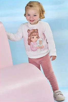 Conjunto de Blusão em Moletom com Pelúcia e Calça Legging em Fleece Cotelê com Elastano Kukiê Bebê Menina
