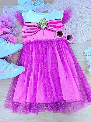 Vestido Infantil Menina Bimbi da Aurora Disney com Tule de Brilho