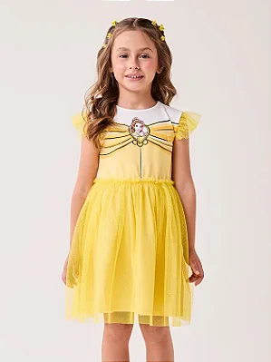 Vestido Infantil Menina Bimbi da Bela Disney com Tule de Brilho