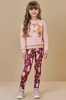 Conjunto de Blusão em Moletom com Pelúcia e Calça Legging em Termoskin Peluciado Infanti Infantil Menina
