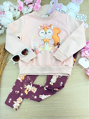 Conjunto de Blusão em Moletom com Pelúcia e Calça Legging em Termoskin Peluciado Infanti Infantil Menina