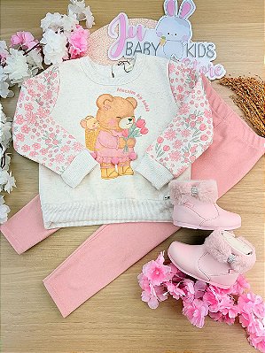 Conjunto de Blusão em Moletom Linho com Pelúcia e Calça Legging em Canelado Comfy Kukiê Bebê Menina