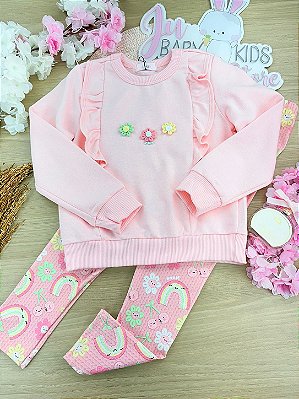 Conjunto de Blusão em Moletom sem Pelúcia e Legging em Malha Power Kukiê Infantil Menina