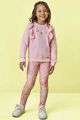 Conjunto de Blusão em Moletom sem Pelúcia e Legging em Malha Power Kukiê Infantil Menina