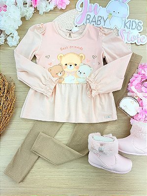 Conjunto de Bata em Cotton e Calça Legging em Canelado Kukiê Bebê Menina