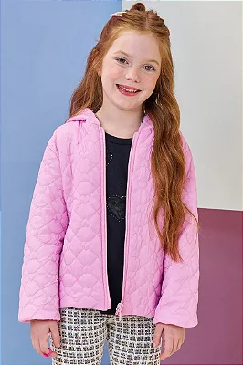 Jaqueta Reversível em Nylon Matelassê de Coração e Malha Comfy Infanti Infantil Menina