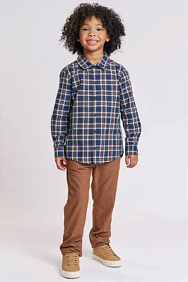 Conjunto de Camisa em Tricoline Xadrez e Calça Skinny em Cotton Jeans com Elastano LucBoo Infantil Menino