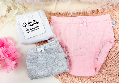 Kit c/ 3 Calcinhas Bebê/Infantil em malha dupla trabalhada - 100% Algodão Luna