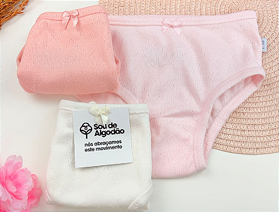 Kit c/ 3 Calcinhas em Malha Dupla Trabalhada - Cintura e Perna com Vies - 100% Algodão - Luna