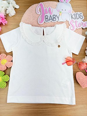 Blusa em Meia Malha e Gola com Renda Off White Up Baby