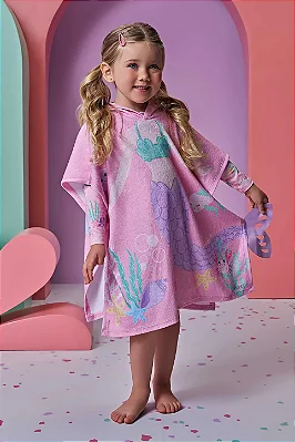 Toalha Poncho com Capuz em Plush Atoalhado Sereia Infanti