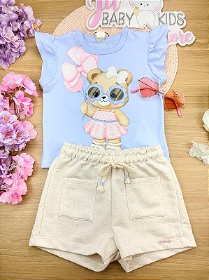 Conjunto de Blusa em Meia Malha com Shorts em Moletom sem Pelúcia Infanti Infantil Menina