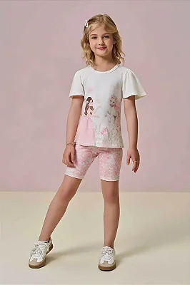 Conjunto de Blusa Alongada em Cotton e Bermuda Biker em Malha Power Infanti Infantil Menina