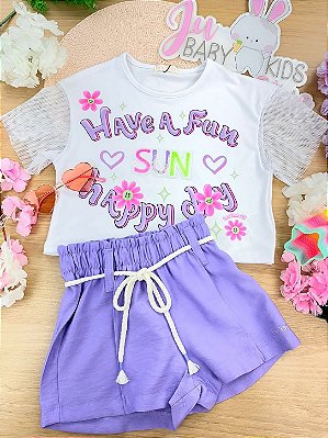 Conjunto de Blusa em Meia Malha e Tela e Shorts em Blend de Viscose Infanti Infantil Menina