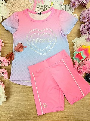 Conjunto de Blusa Alongada em Malha Yuki e Bermuda Biker em Malha UV 50+ Infanti Infantil Menina
