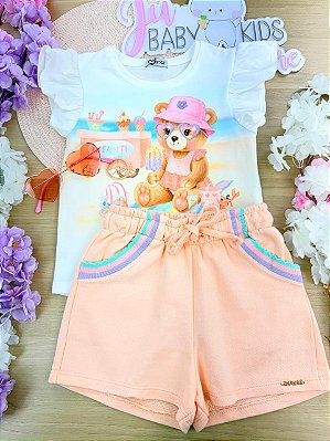 Conjunto de Blusa em Meia Malha e Shorts em Moletom sem Pelúcia Infanti Infantil Menina