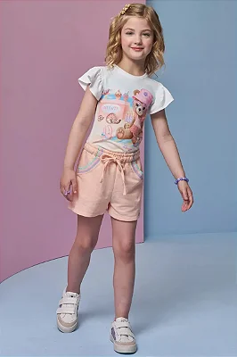 Conjunto de Blusa em Meia Malha e Shorts em Moletom sem Pelúcia Infanti Infantil Menina