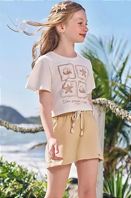 Conjunto de Blusa em Meia Malha e Shorts em Blend de Viscose com Elastano Infanti Infantil Menina