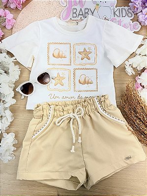 Conjunto de Blusa em Meia Malha e Shorts em Blend de Viscose com Elastano Infanti Infantil Menina