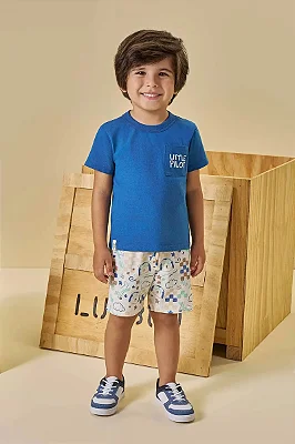 Conjunto de Camisa em Meia Malha e Bermuda em Molecotton LucBoo Infantil Menino